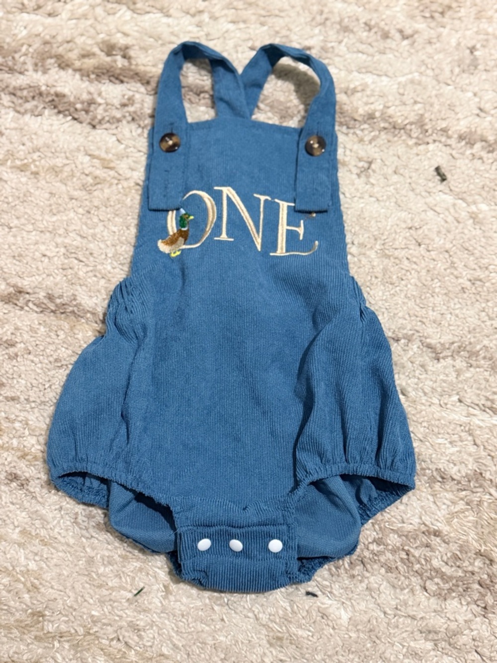 Amazon Blue 'ONE' Embroidered Baby One-Piece Romper